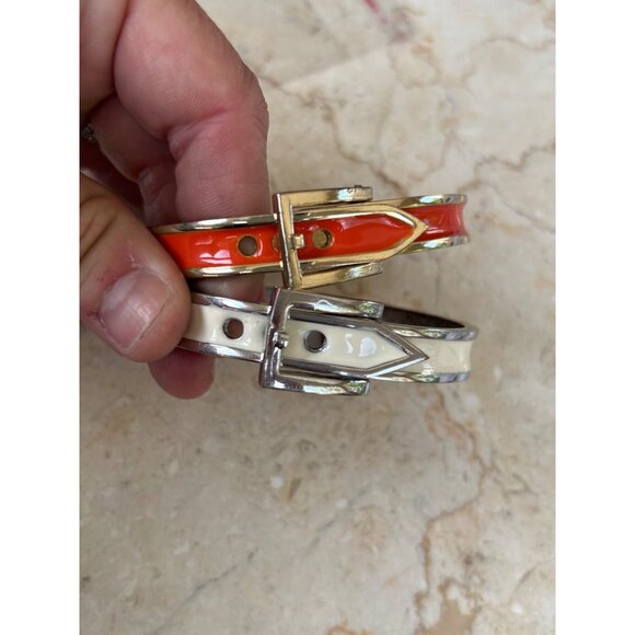 Gold-Tone orange & White Enamel Buckle Bangle Bracelets Set Of 2 - Picture 3 of 13